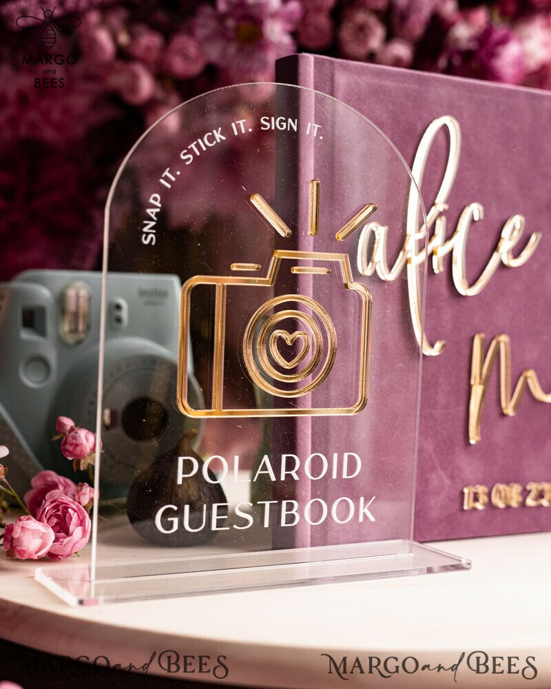 Elegant Mauve Gold Acrylic Wedding Guest Book Personalised with Sign Set and Velvet Dusty Rose Instant Photo Book - Create a Boho Chic Instax Wedding Photo Guestbook!-8