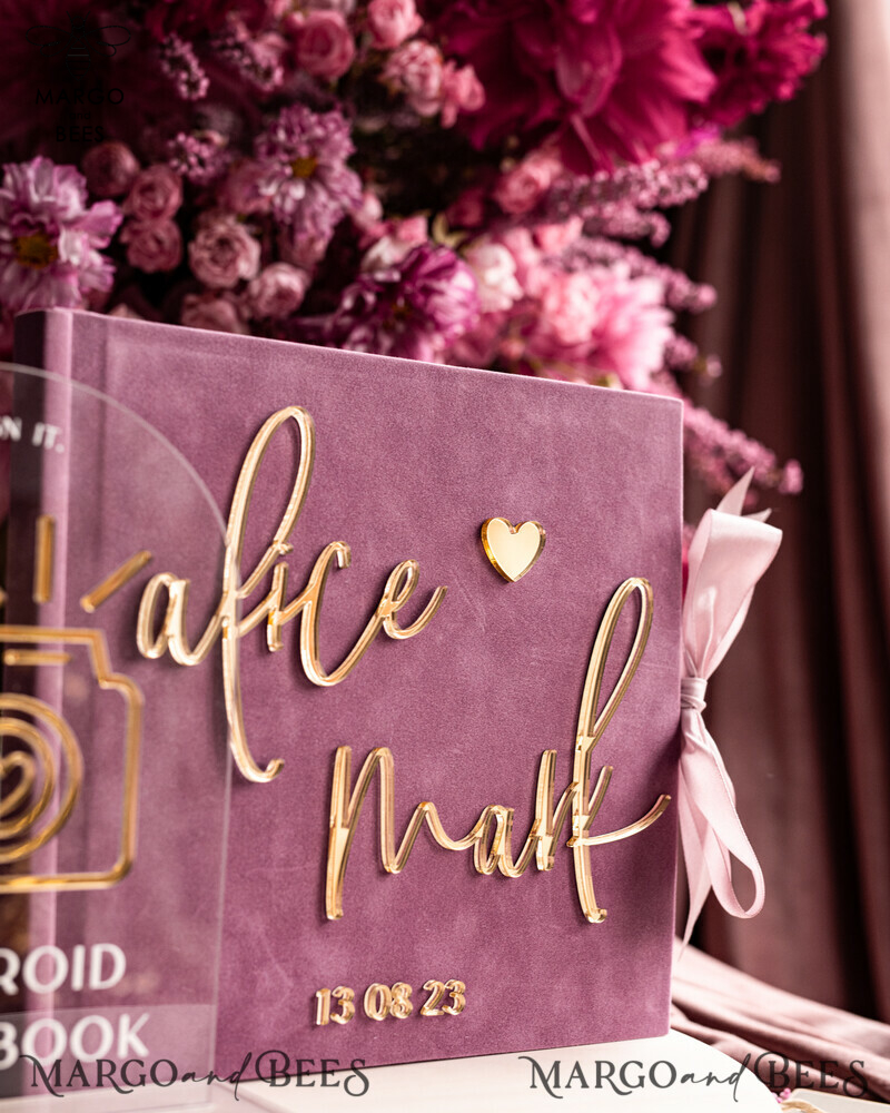 Elegant Mauve Gold Acrylic Wedding Guest Book Personalised with Sign Set and Velvet Dusty Rose Instant Photo Book - Create a Boho Chic Instax Wedding Photo Guestbook!-9