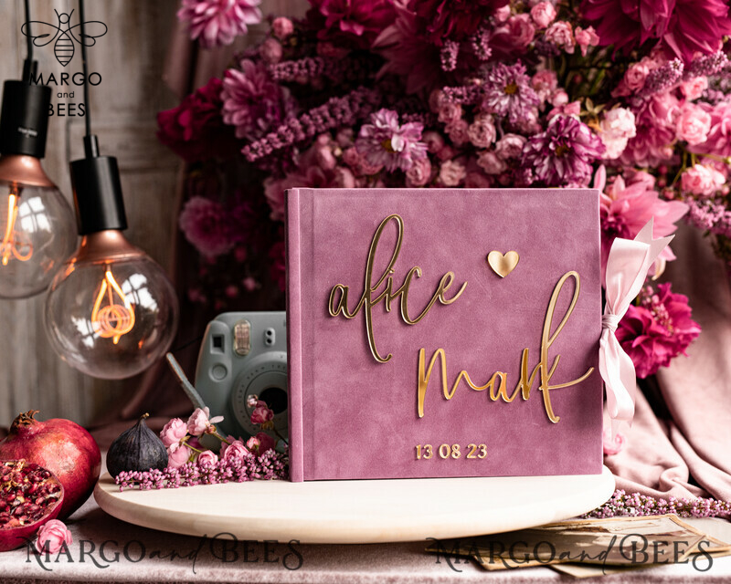 Elegant Mauve Gold Acrylic Wedding Guest Book Personalised with Sign Set and Velvet Dusty Rose Instant Photo Book - Create a Boho Chic Instax Wedding Photo Guestbook!-10
