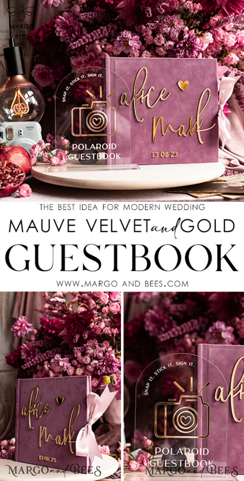 Elegant Mauve Gold Acrylic Wedding Guest Book Personalised with Sign Set and Velvet Dusty Rose Instant Photo Book - Create a Boho Chic Instax Wedding Photo Guestbook!-3