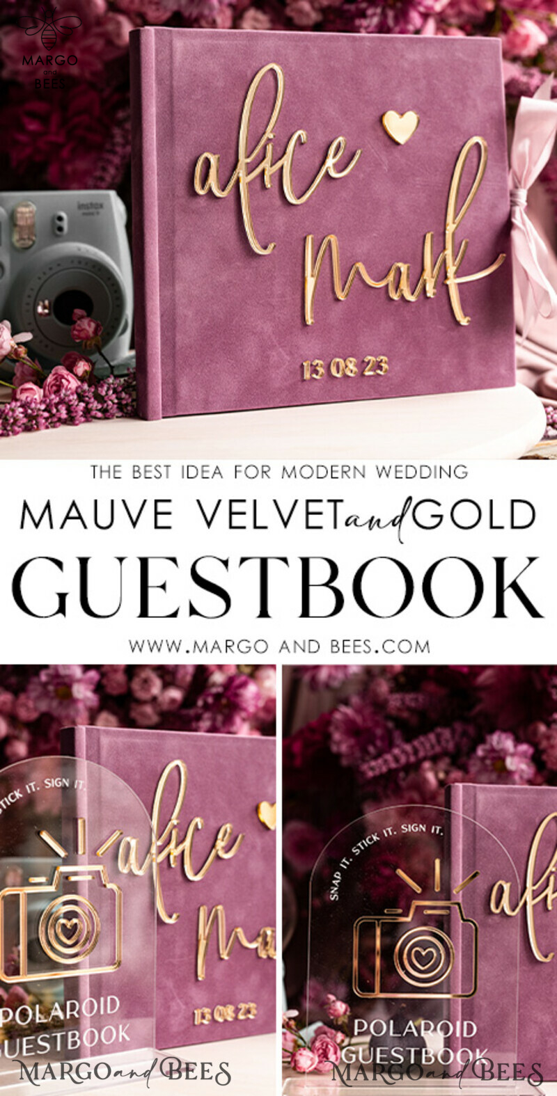 Elegant Mauve Gold Acrylic Wedding Guest Book Personalised with Sign Set and Velvet Dusty Rose Instant Photo Book - Create a Boho Chic Instax Wedding Photo Guestbook!-7