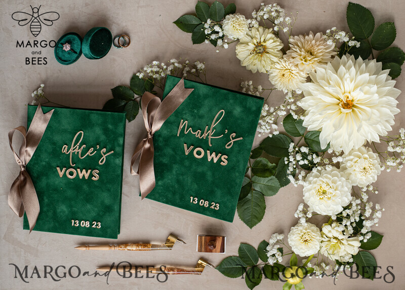 Emerald Green Garden Bride and Groom Vow Books: Personalized Velvet Set for Greenery Weddings-1