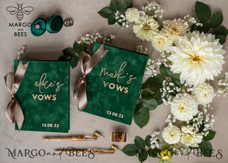 Emerald Green Garden Bride and Groom Vow Books: Personalized Velvet Set for Greenery Weddings-4