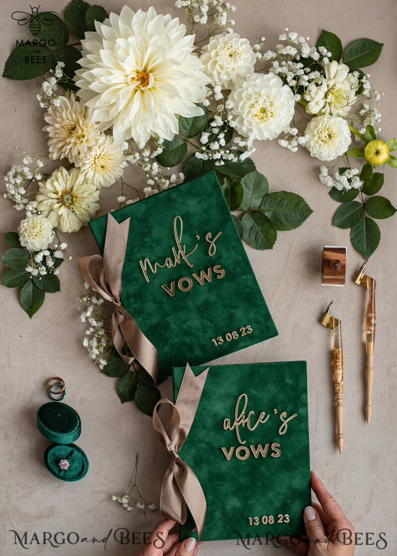 Emerald Green Garden Bride and Groom Vow Books: Personalized Velvet Set for Greenery Weddings-0