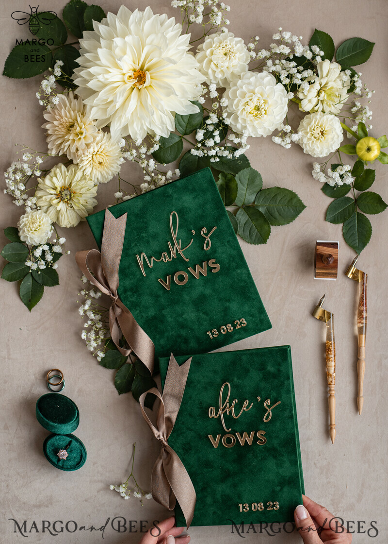 Emerald Green Garden Bride and Groom Vow Books: Personalized Velvet Set for Greenery Weddings-5
