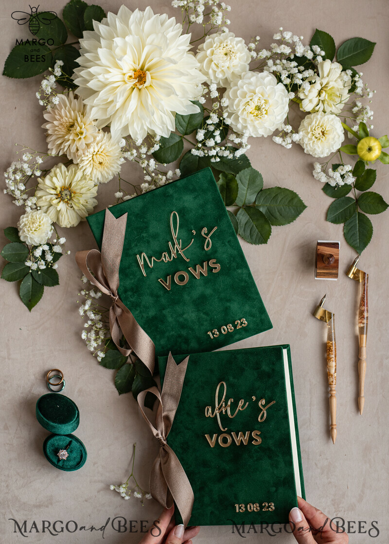 Emerald Green Garden Bride and Groom Vow Books: Personalized Velvet Set for Greenery Weddings-6
