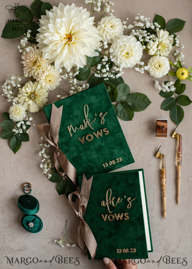 Emerald Green Garden Bride and Groom Vow Books: Personalized Velvet Set for Greenery Weddings-8
