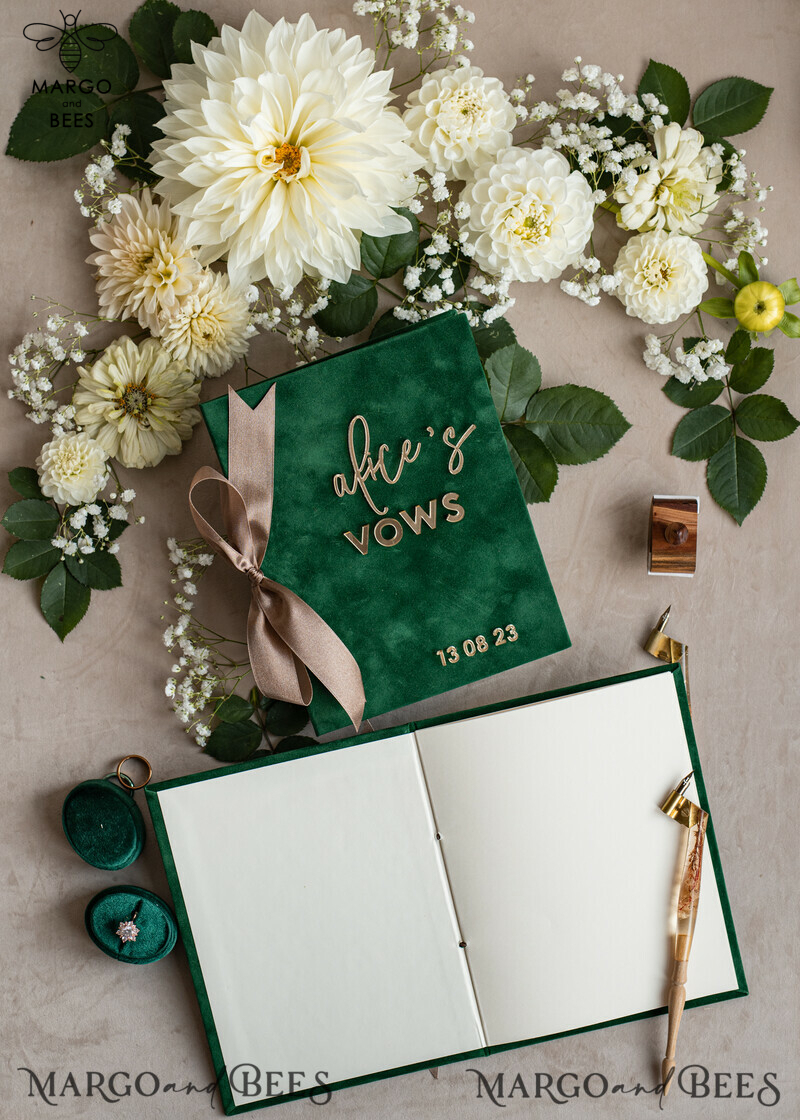 Emerald Green Garden Bride and Groom Vow Books: Personalized Velvet Set for Greenery Weddings-9