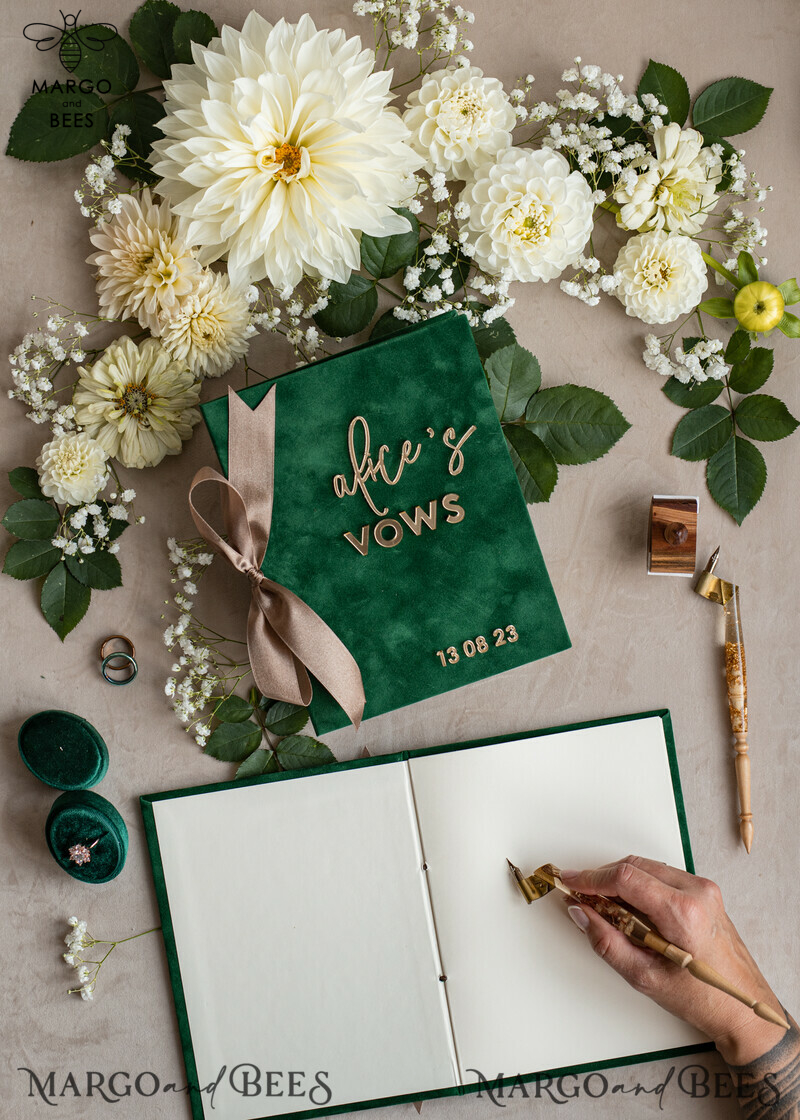 Emerald Green Garden Bride and Groom Vow Books: Personalized Velvet Set for Greenery Weddings-10