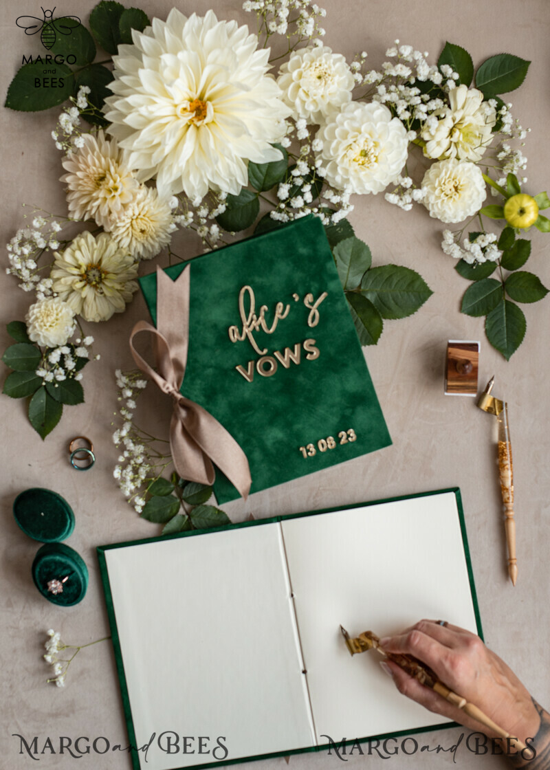 Emerald Green Garden Bride and Groom Vow Books: Personalized Velvet Set for Greenery Weddings-11