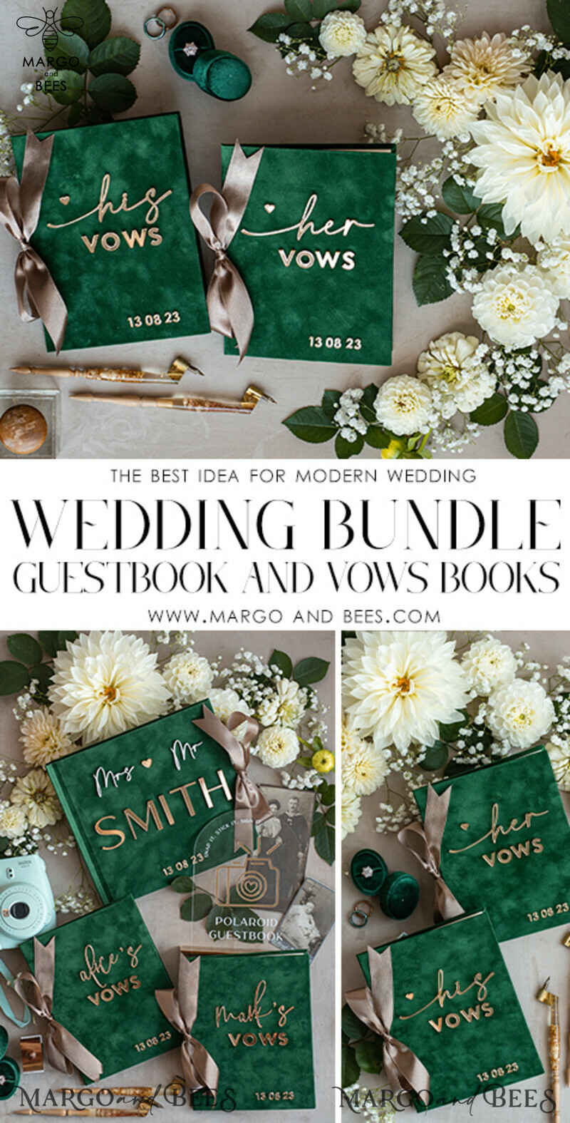 Emerald Green Garden Bride and Groom Vow Books: Personalized Velvet Set for Greenery Weddings-7