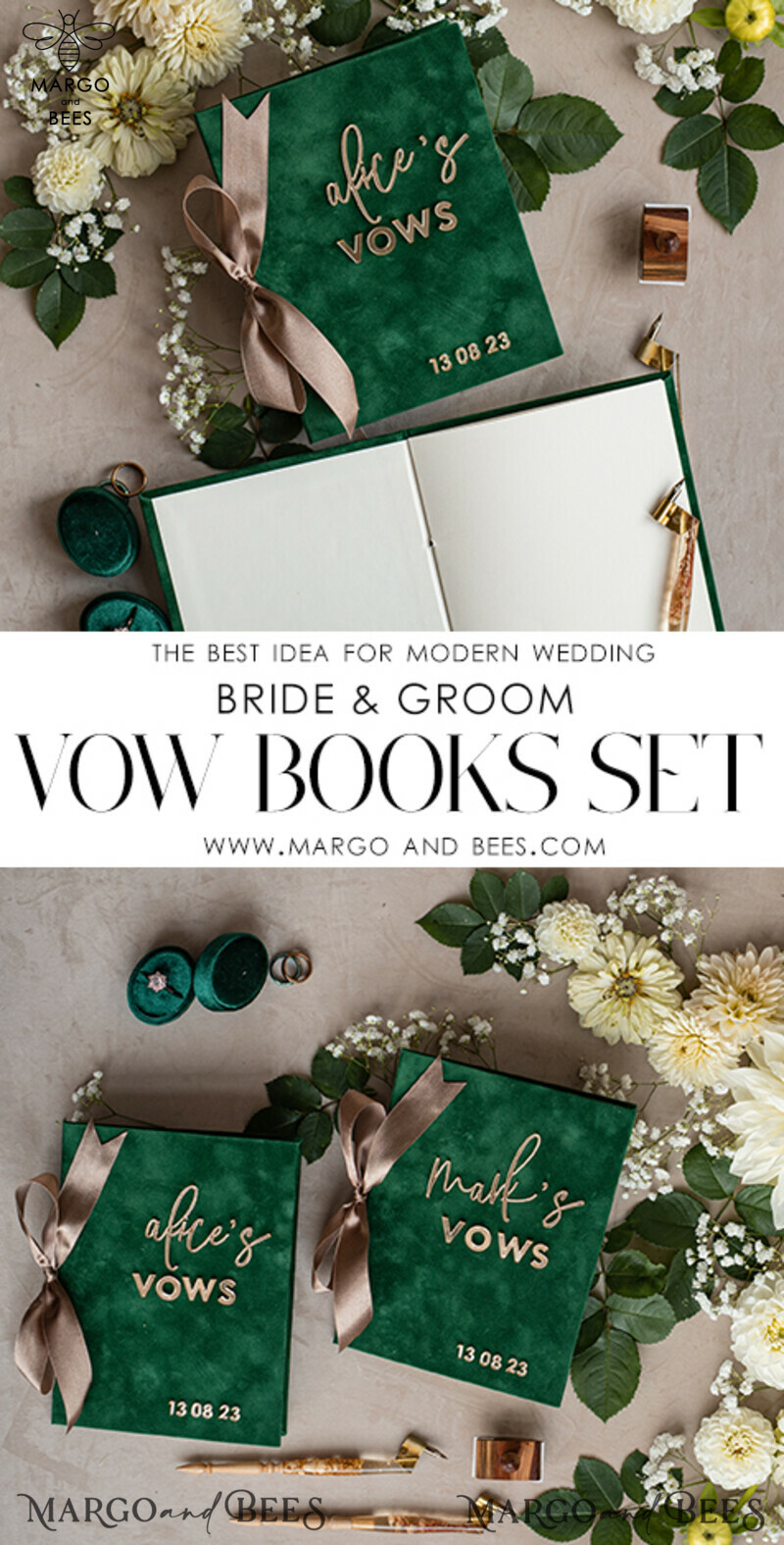 Emerald Green Garden Bride and Groom Vow Books: Personalized Velvet Set for Greenery Weddings-3