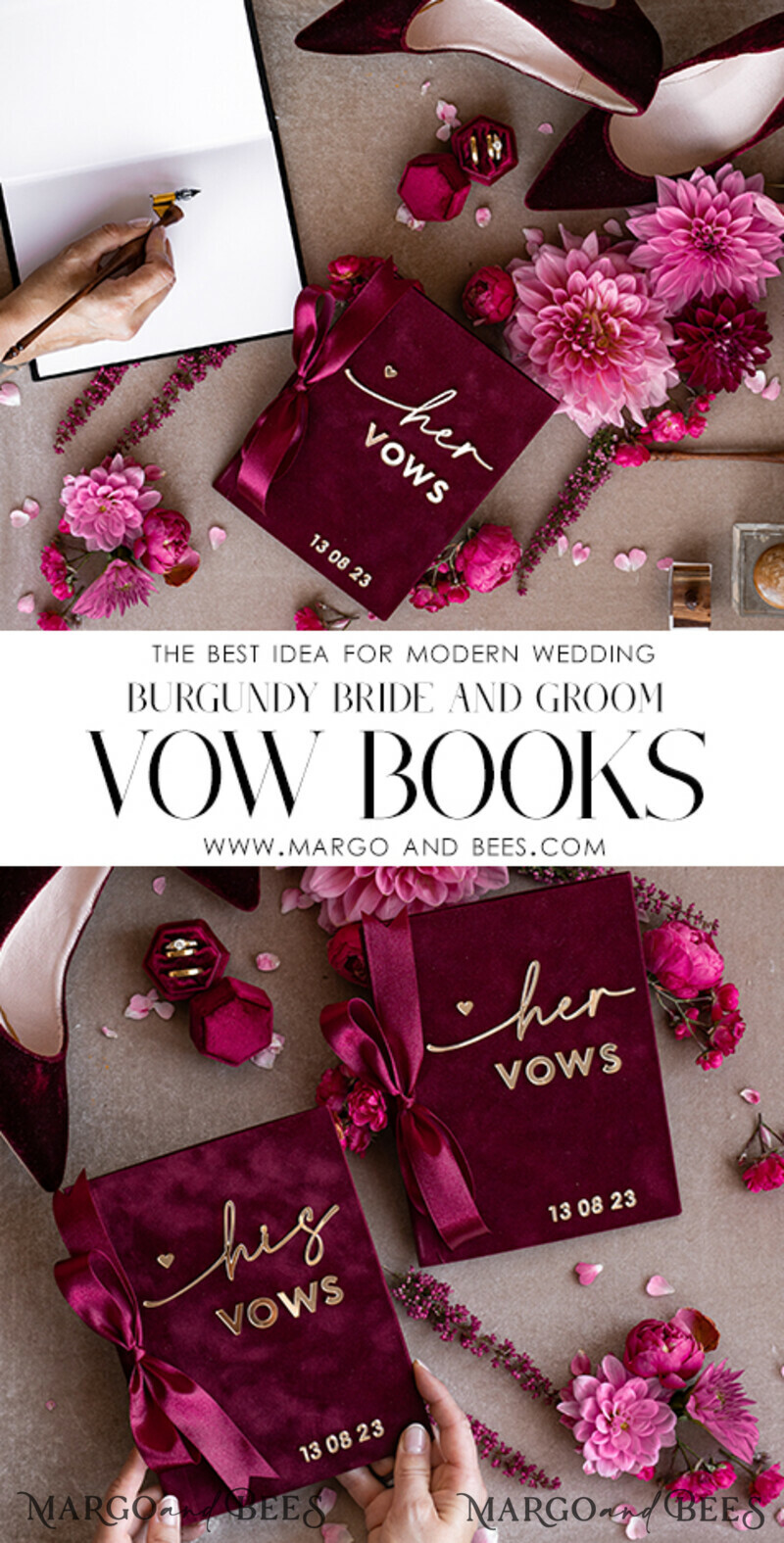 Maroon Bride and groom vow books, Burgundy wedding vow books set of two, Velvet Marsala personalized vow booklets
-3