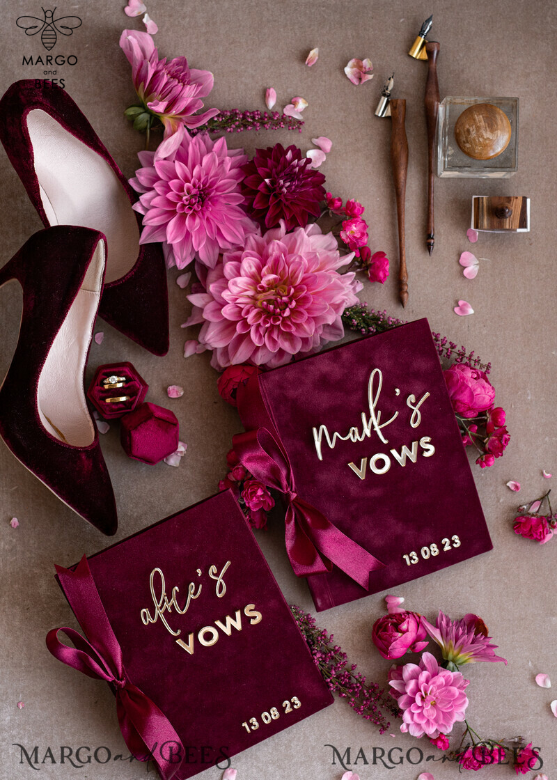 Burgundy Bride and Groom Vow Books: A Maroon Wedding Vow Set of Two with a Touch of Velvet Marsala-0