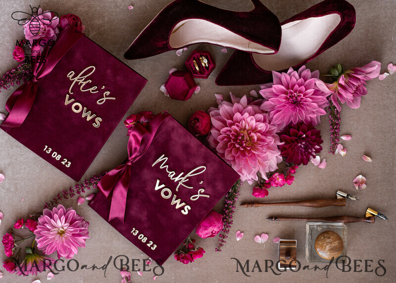 Burgundy Bride and Groom Vow Books: A Maroon Wedding Vow Set of Two with a Touch of Velvet Marsala-1