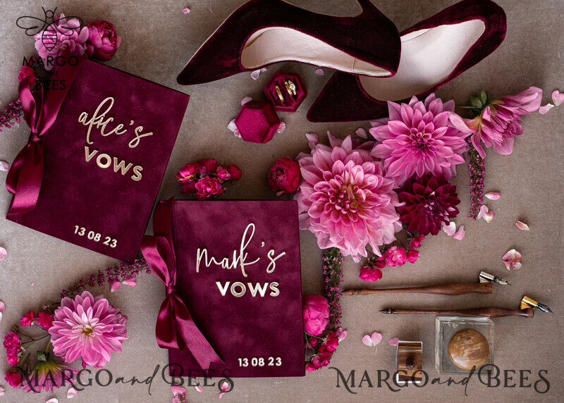 Burgundy Bride and Groom Vow Books: A Maroon Wedding Vow Set of Two with a Touch of Velvet Marsala-2