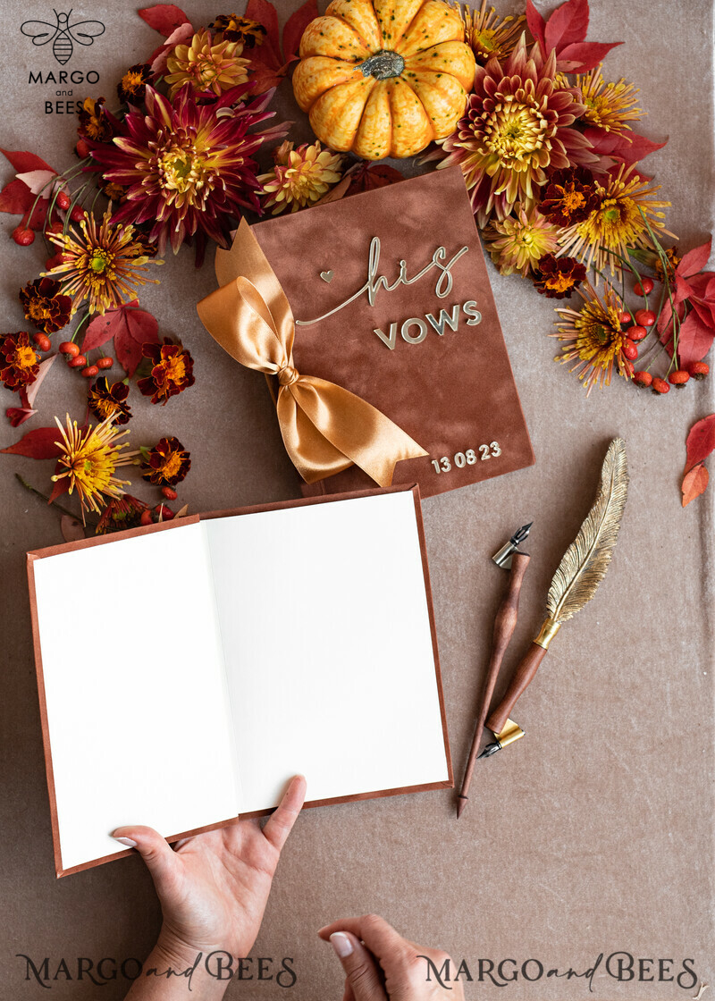 Shop the Perfect Terracotta Fall Bride and Groom Vow Books Set - Burnt Orange, Velvet Rust, and Golden Mirror Customized Vow Booklets. Upgrade your Wedding with Acrylic Copper Gold Custom Vow Cases - Ideal Bridal Shower Gift.-8