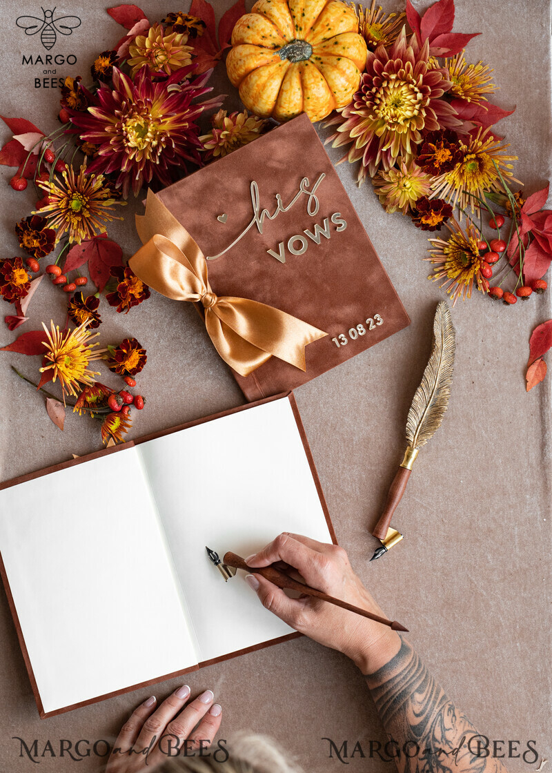 Shop the Perfect Terracotta Fall Bride and Groom Vow Books Set - Burnt Orange, Velvet Rust, and Golden Mirror Customized Vow Booklets. Upgrade your Wedding with Acrylic Copper Gold Custom Vow Cases - Ideal Bridal Shower Gift.-9