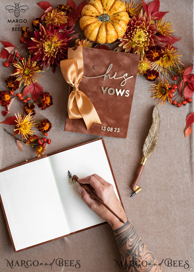 Shop the Perfect Terracotta Fall Bride and Groom Vow Books Set - Burnt Orange, Velvet Rust, and Golden Mirror Customized Vow Booklets. Upgrade your Wedding with Acrylic Copper Gold Custom Vow Cases - Ideal Bridal Shower Gift.-10