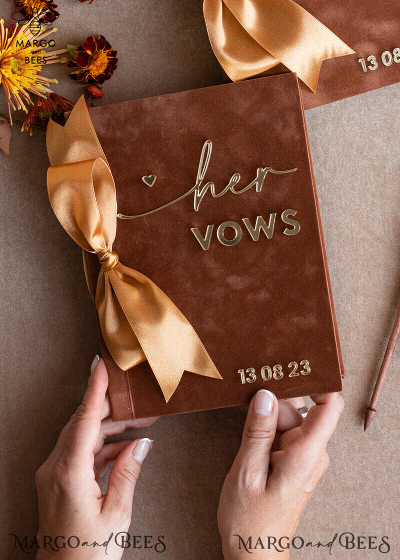 Shop the Perfect Terracotta Fall Bride and Groom Vow Books Set - Burnt Orange, Velvet Rust, and Golden Mirror Customized Vow Booklets. Upgrade your Wedding with Acrylic Copper Gold Custom Vow Cases - Ideal Bridal Shower Gift.-2