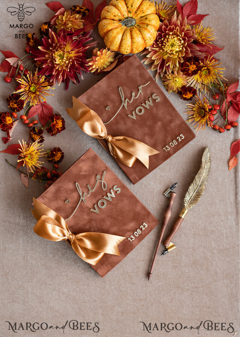 Shop the Perfect Terracotta Fall Bride and Groom Vow Books Set - Burnt Orange, Velvet Rust, and Golden Mirror Customized Vow Booklets. Upgrade your Wedding with Acrylic Copper Gold Custom Vow Cases - Ideal Bridal Shower Gift.-1