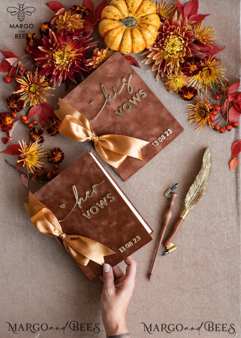 Shop the Perfect Terracotta Fall Bride and Groom Vow Books Set - Burnt Orange, Velvet Rust, and Golden Mirror Customized Vow Booklets. Upgrade your Wedding with Acrylic Copper Gold Custom Vow Cases - Ideal Bridal Shower Gift.-5
