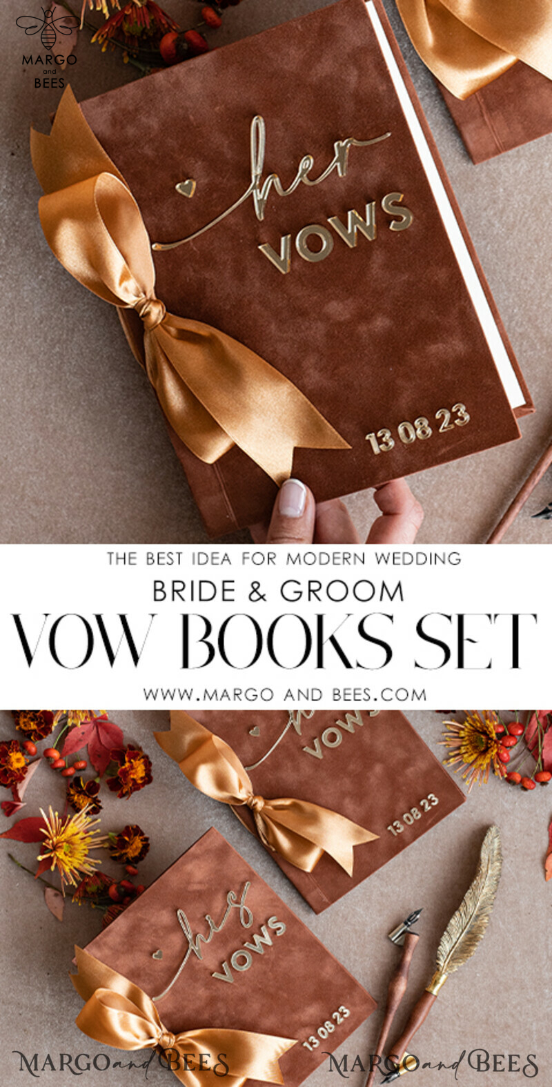 Shop the Perfect Terracotta Fall Bride and Groom Vow Books Set - Burnt Orange, Velvet Rust, and Golden Mirror Customized Vow Booklets. Upgrade your Wedding with Acrylic Copper Gold Custom Vow Cases - Ideal Bridal Shower Gift.-3