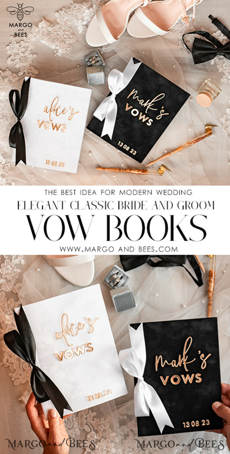Elegant Classic Bride and Groom Vow Books: Black White Gold Wedding Vow Books Set of Two-3