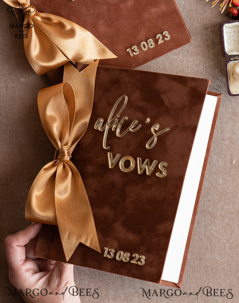 Personalized Terracotta Fall Bride and Groom Vow Books: Burnt Orange Wedding Set of Two - Velvet Rust, Golden Mirror, Acrylic Copper Gold - Custom Wedding Vow Cases - Ideal Bridal Shower Gift-14
