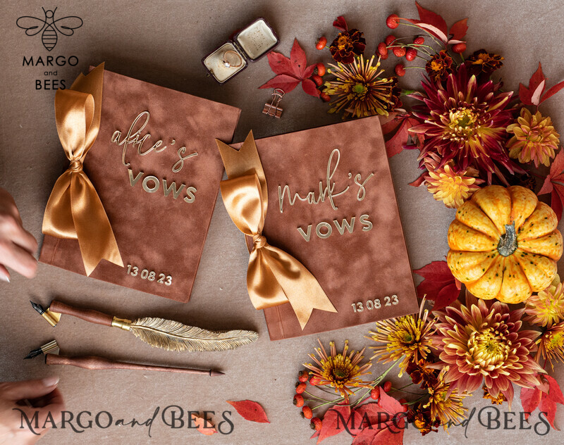Personalized Terracotta Fall Bride and Groom Vow Books: Burnt Orange Wedding Set of Two - Velvet Rust, Golden Mirror, Acrylic Copper Gold - Custom Wedding Vow Cases - Ideal Bridal Shower Gift-9