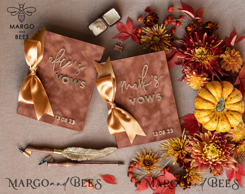 Personalized Terracotta Fall Bride and Groom Vow Books: Burnt Orange Wedding Set of Two - Velvet Rust, Golden Mirror, Acrylic Copper Gold - Custom Wedding Vow Cases - Ideal Bridal Shower Gift-10