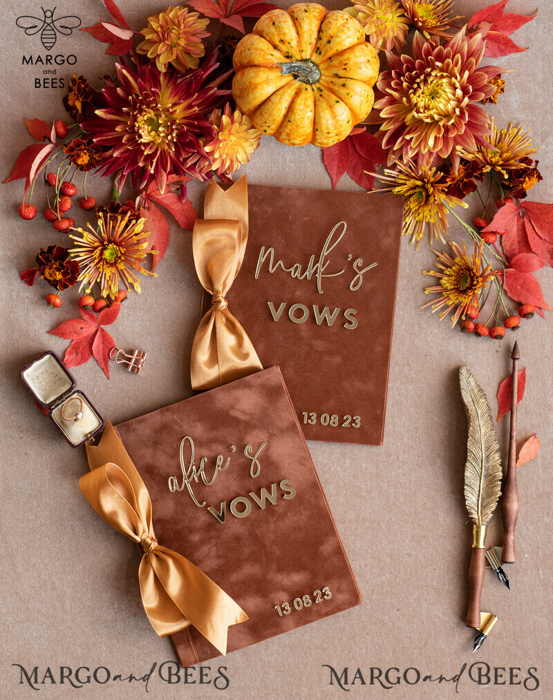 Personalized Terracotta Fall Bride and Groom Vow Books: Burnt Orange Wedding Set of Two - Velvet Rust, Golden Mirror, Acrylic Copper Gold - Custom Wedding Vow Cases - Ideal Bridal Shower Gift-11
