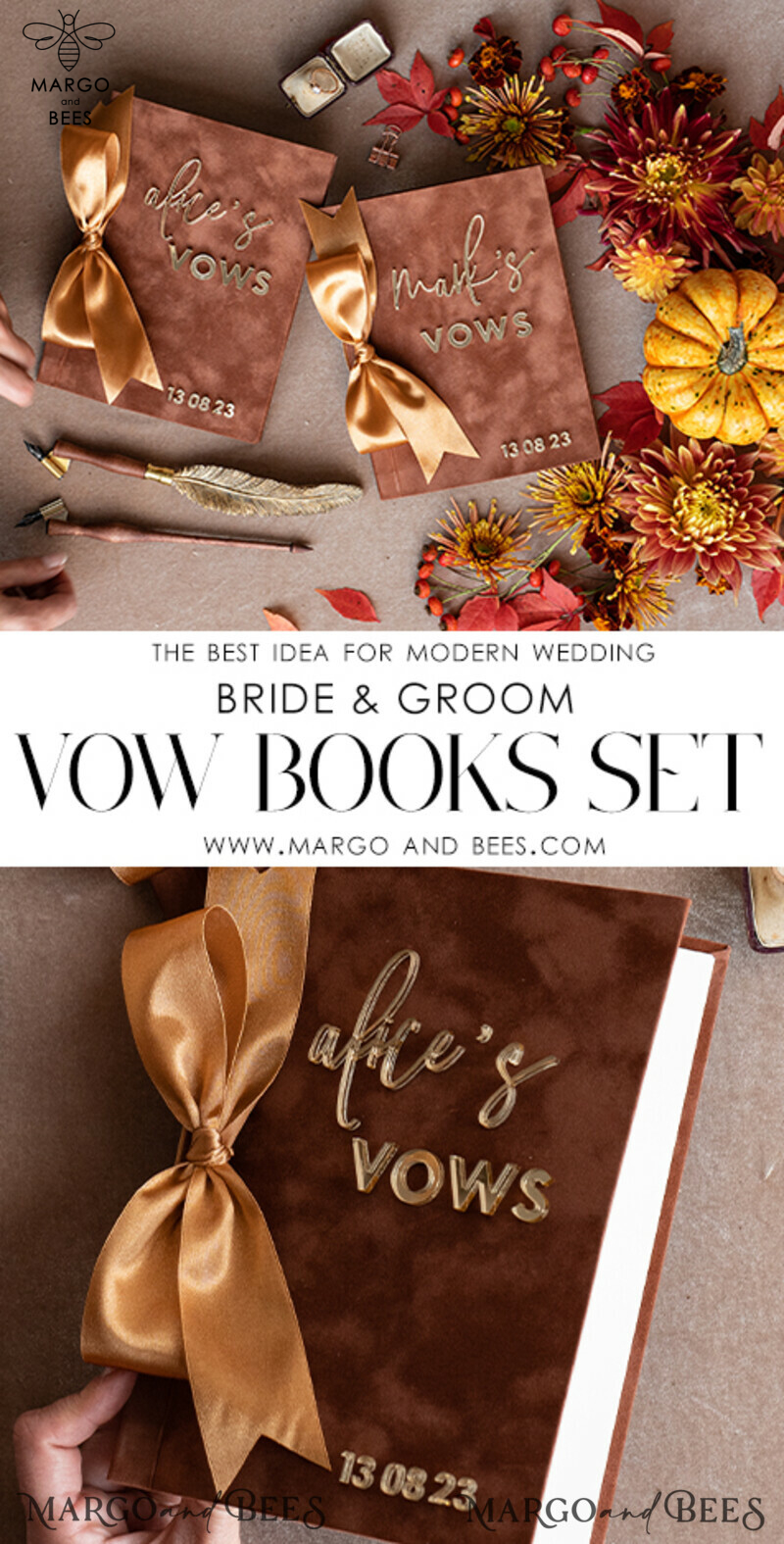 Personalized Terracotta Fall Bride and Groom Vow Books: Burnt Orange Wedding Set of Two - Velvet Rust, Golden Mirror, Acrylic Copper Gold - Custom Wedding Vow Cases - Ideal Bridal Shower Gift-3