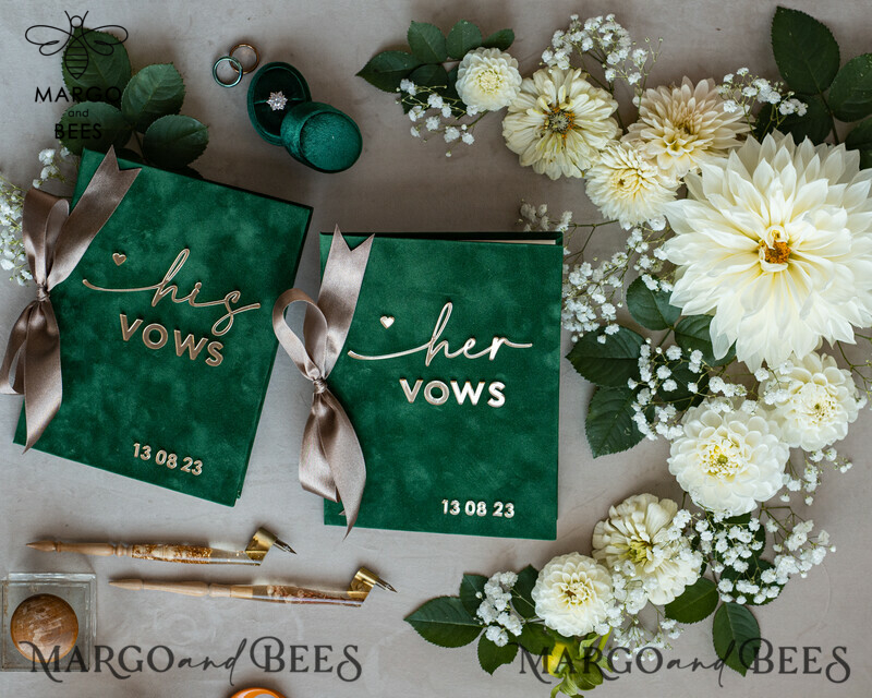 Personalized Velvet Emerald Green Garden Vow Books Set for the Bride and Groom in a Greenery Wedding-1