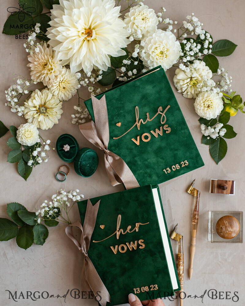Personalized Velvet Emerald Green Garden Vow Books Set for the Bride and Groom in a Greenery Wedding-12