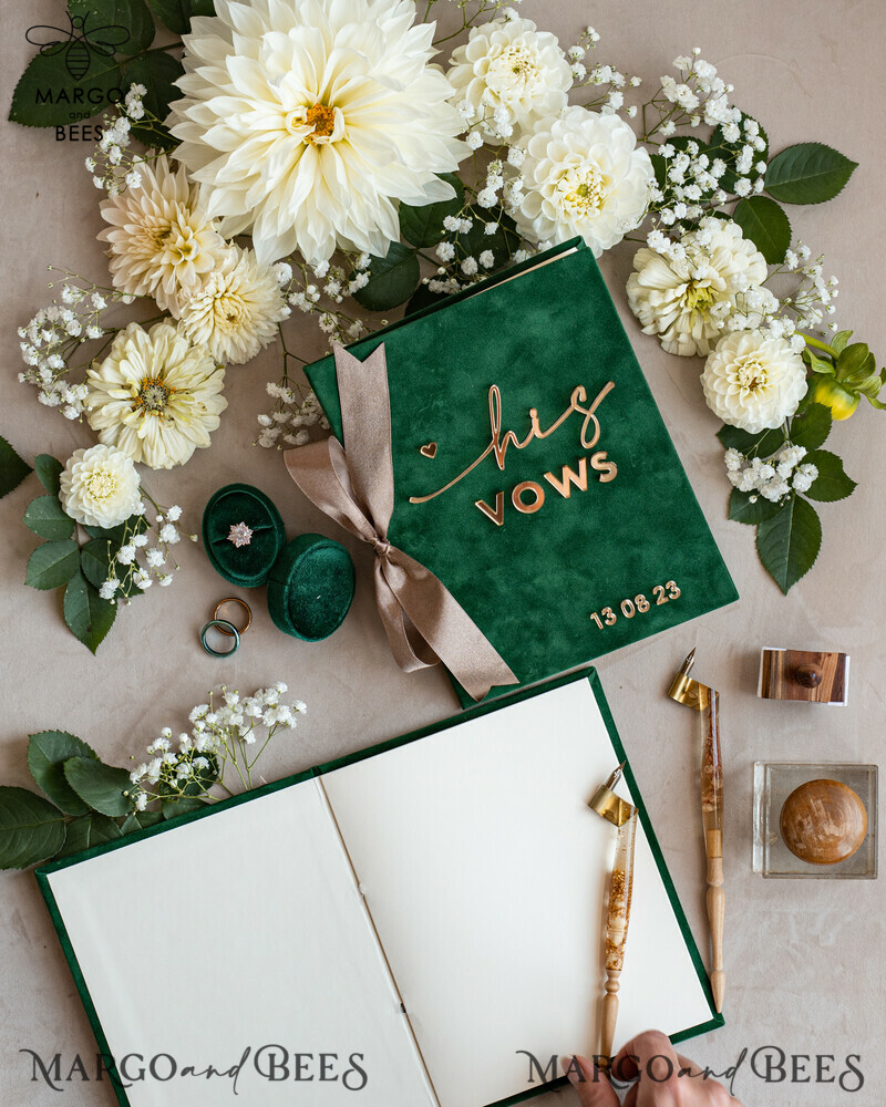 Personalized Velvet Emerald Green Garden Vow Books Set for the Bride and Groom in a Greenery Wedding-13