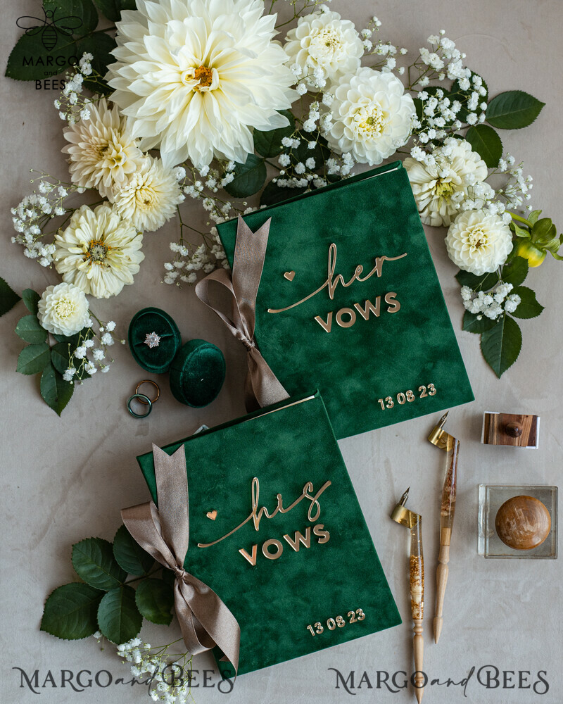 Personalized Velvet Emerald Green Garden Vow Books Set for the Bride and Groom in a Greenery Wedding-4
