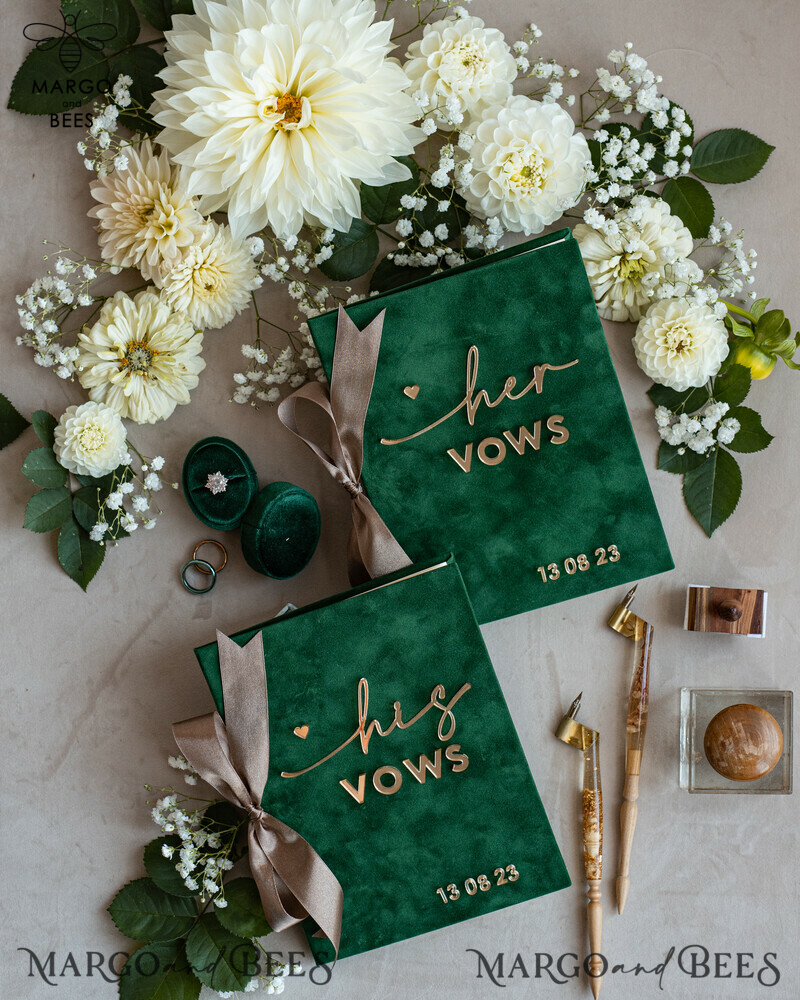 Personalized Velvet Emerald Green Garden Vow Books Set for the Bride and Groom in a Greenery Wedding-5