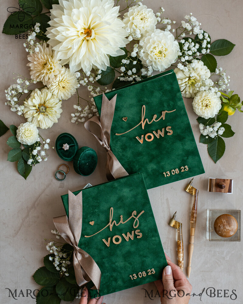 Personalized Velvet Emerald Green Garden Vow Books Set for the Bride and Groom in a Greenery Wedding-6