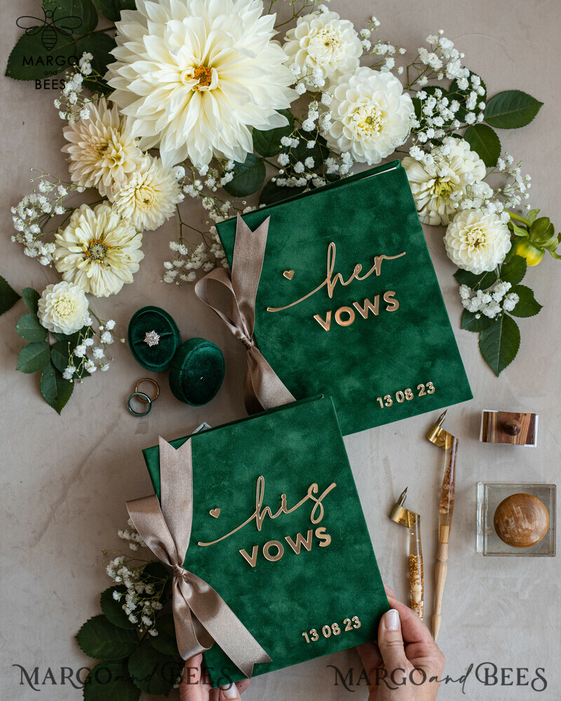 Personalized Velvet Emerald Green Garden Vow Books Set for the Bride and Groom in a Greenery Wedding-0