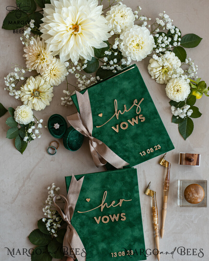 Personalized Velvet Emerald Green Garden Vow Books Set for the Bride and Groom in a Greenery Wedding-8