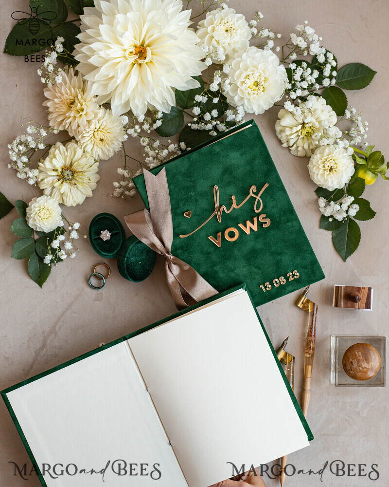 Personalized Velvet Emerald Green Garden Vow Books Set for the Bride and Groom in a Greenery Wedding-9
