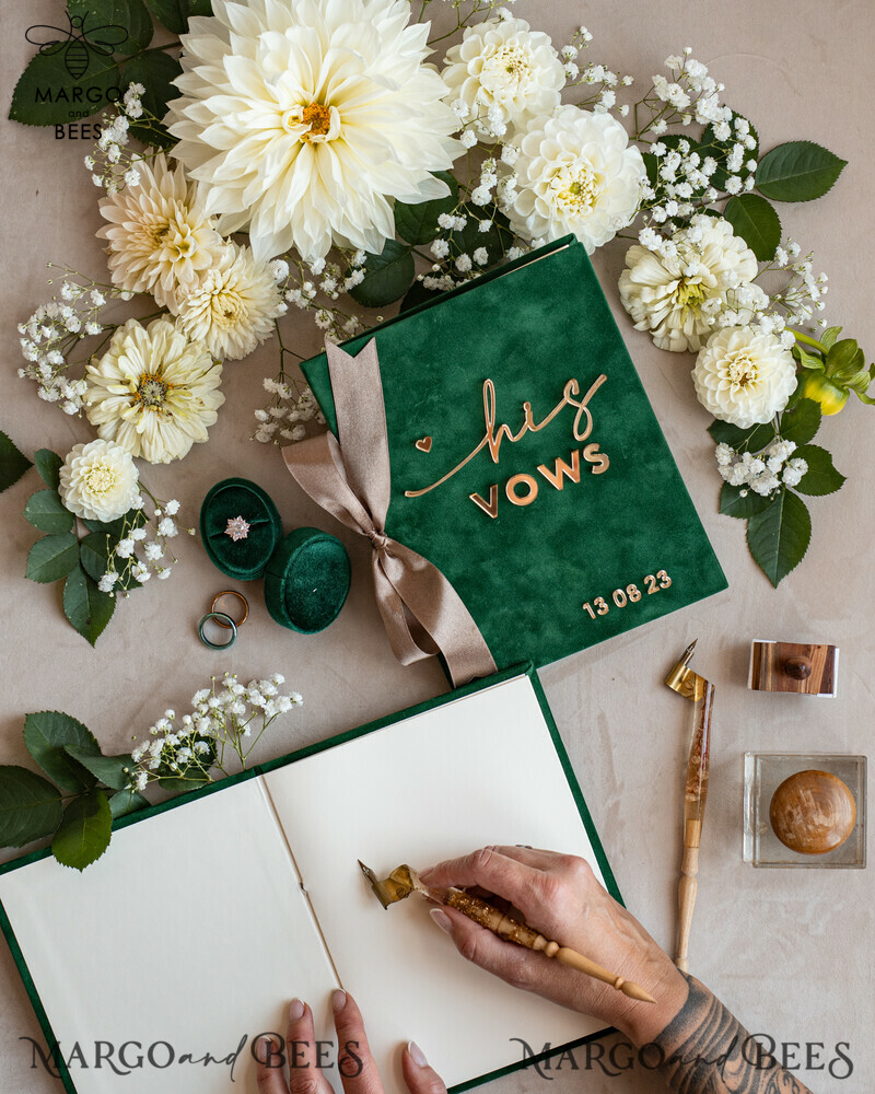 Personalized Velvet Emerald Green Garden Vow Books Set for the Bride and Groom in a Greenery Wedding-11