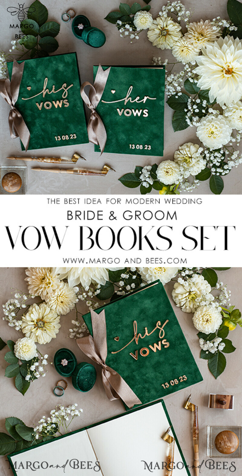 Personalized Velvet Emerald Green Garden Vow Books Set for the Bride and Groom in a Greenery Wedding-7