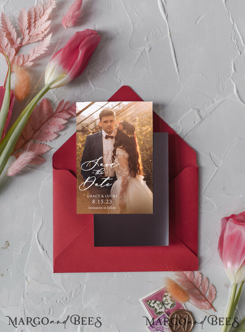Personalised Photo Travel Save the Date Acrylic Tag Magnet and Card, Gold Tag Wedding Photo Save The Dates Acrylic Magnets, Photo Save The Date Cards-0