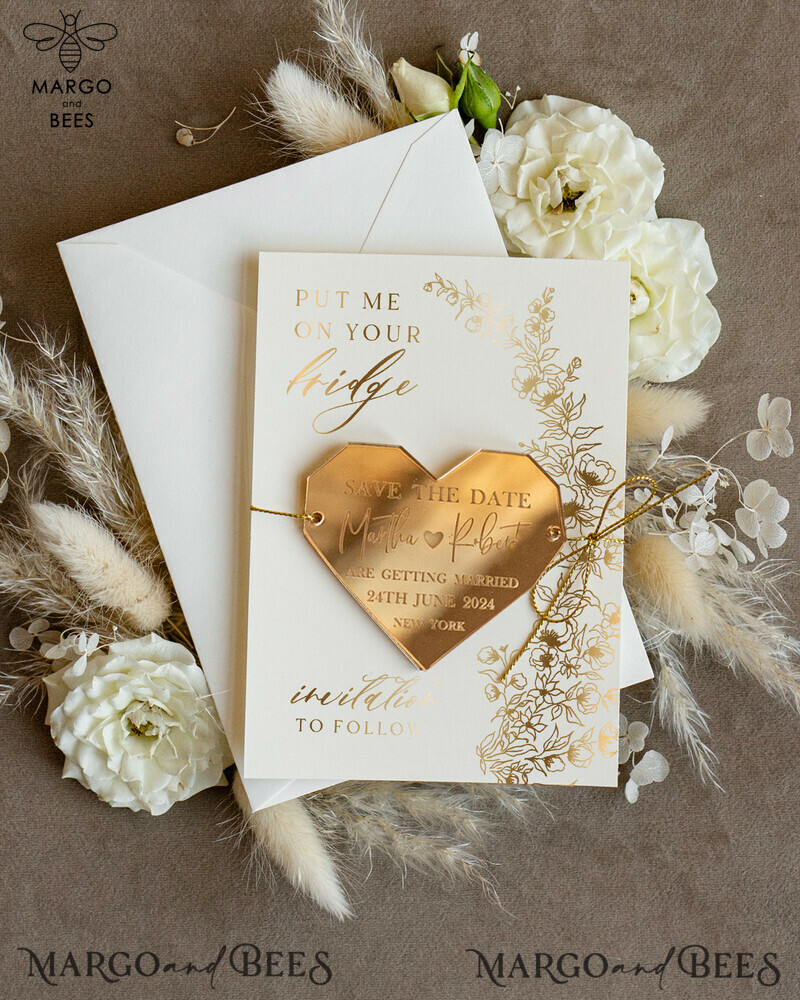 Personalised Gold Acrylic Heart Save the Date Magnet and Card: Elegant Wedding Boho Save the Dates in Ivory Plexi Magnets and Cards-1