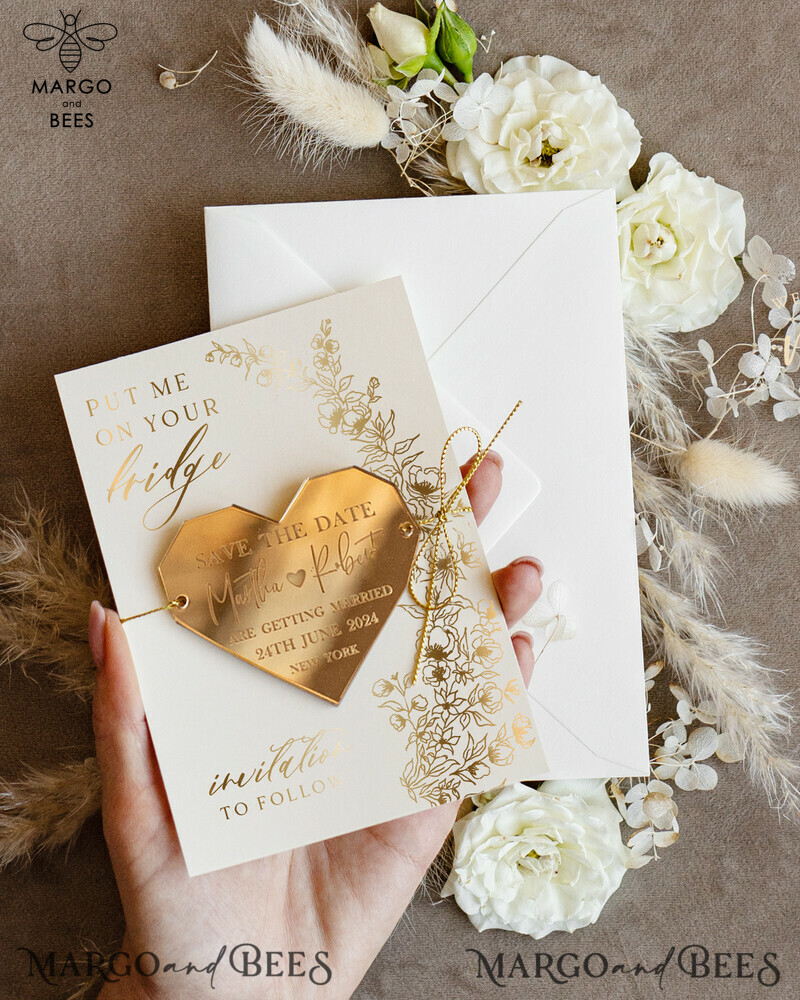 Personalised Gold Acrylic Heart Save the Date Magnet and Card: Elegant Wedding Boho Save the Dates in Ivory Plexi Magnets and Cards-4