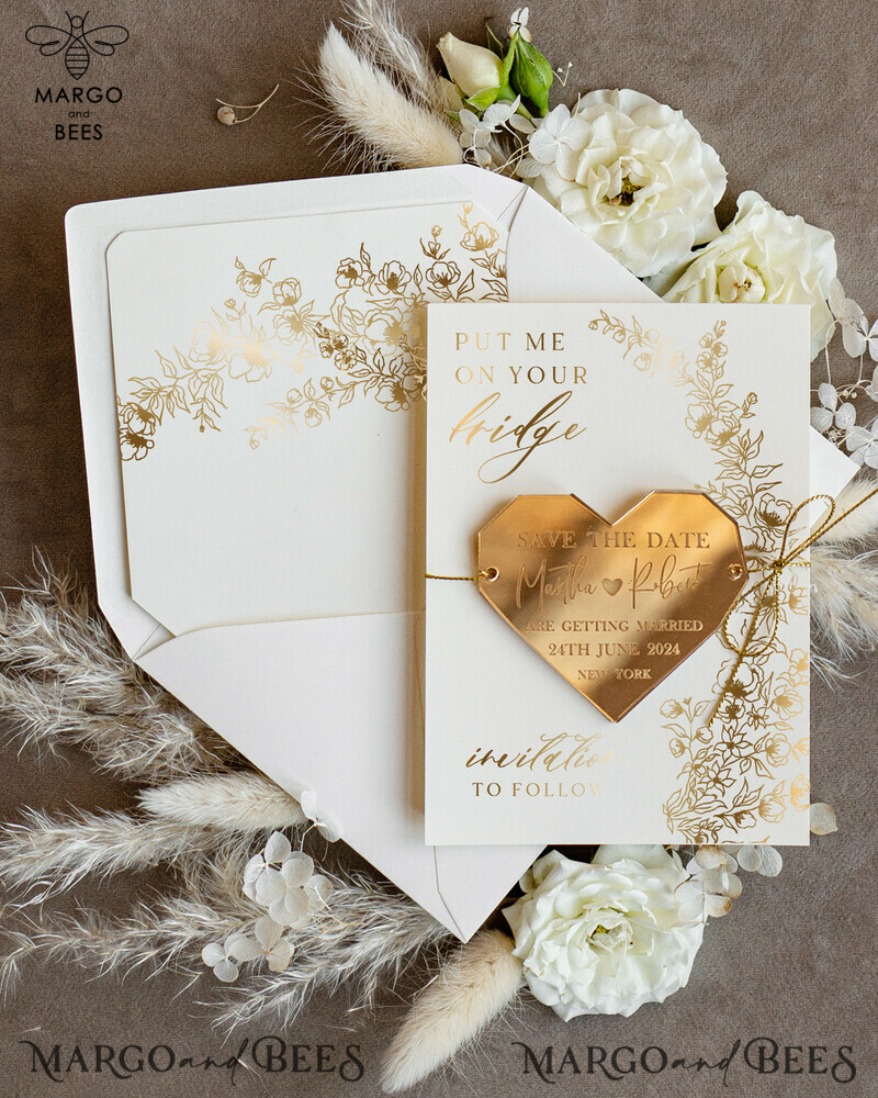 Personalised Gold Acrylic Heart Save the Date Magnet and Card: Elegant Wedding Boho Save the Dates in Ivory Plexi Magnets and Cards-0