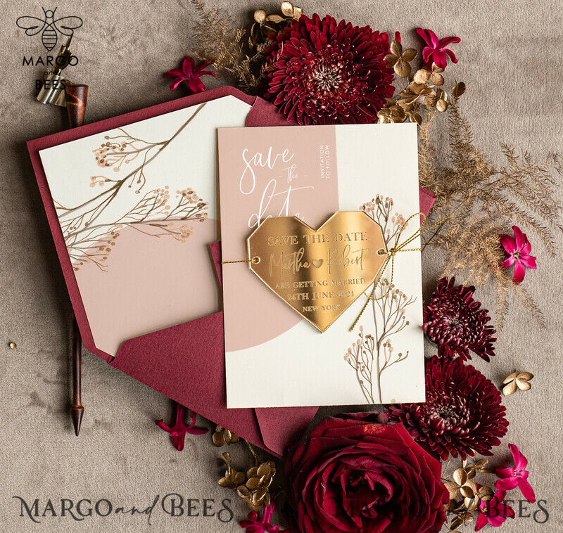 Unique Personalised Save the Date Heart Magnet and Card: An Arch Elegant Wedding Announcement with Acrylic Golden Heart-1