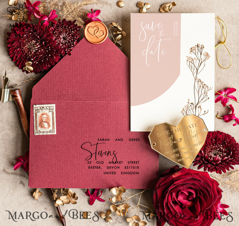 Unique Personalised Save the Date Heart Magnet and Card: An Arch Elegant Wedding Announcement with Acrylic Golden Heart-2